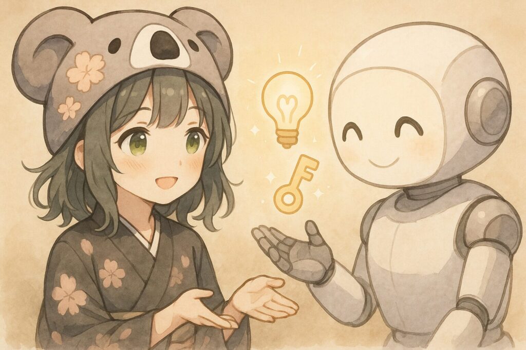 心愛ちゃんが、温かみのあるデザインのAIロボット(顔は優しい光で表現など)と笑顔で対話している。AIロボットの手元から、ふわりと優しい光をまとった「アイデアの電球」や「解決の鍵」のようなアイコンが浮かび上がり、心愛ちゃんがそれを受け取ろうとしているイメージ。