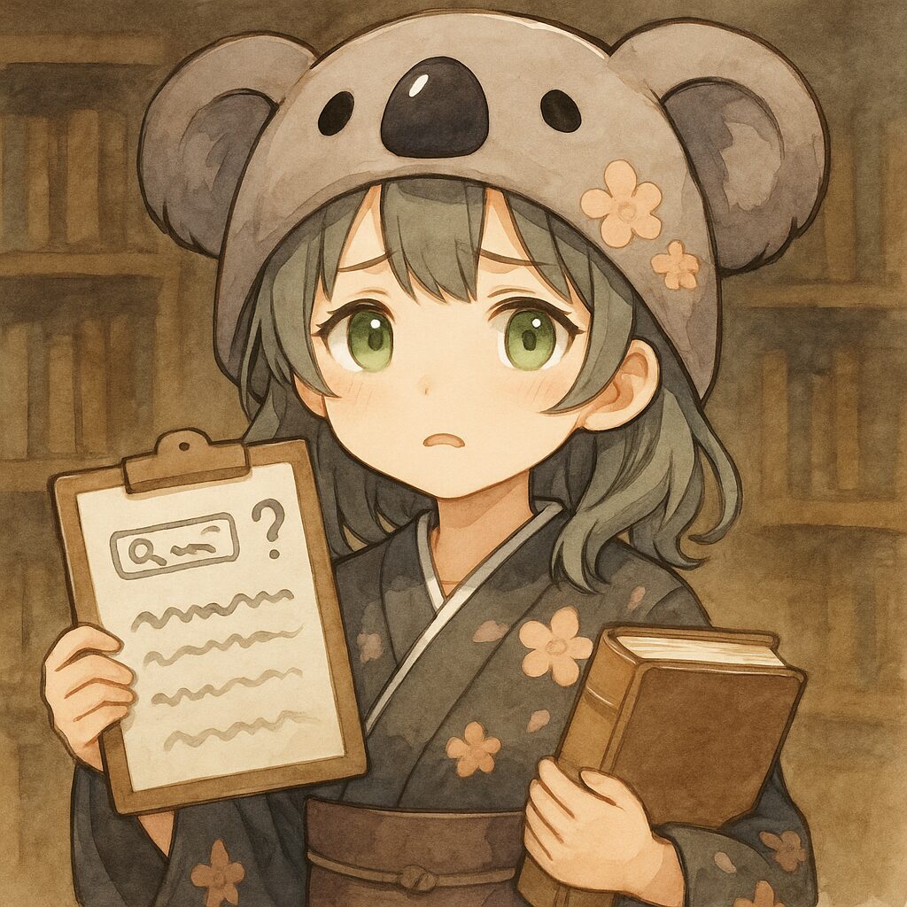 心愛ちゃんが少し困った表情で、片方の手にはAIが出した情報が書かれたフリップ(一部が歪んでいたり「?」が混じっている)、もう片方の手には信頼できる情報源としての本や公式資料をイメージさせる書類を持っている。二つの情報を見比べている真剣な横顔。背景は少し落ち着いたトーンで、読者に注意を促す雰囲気。