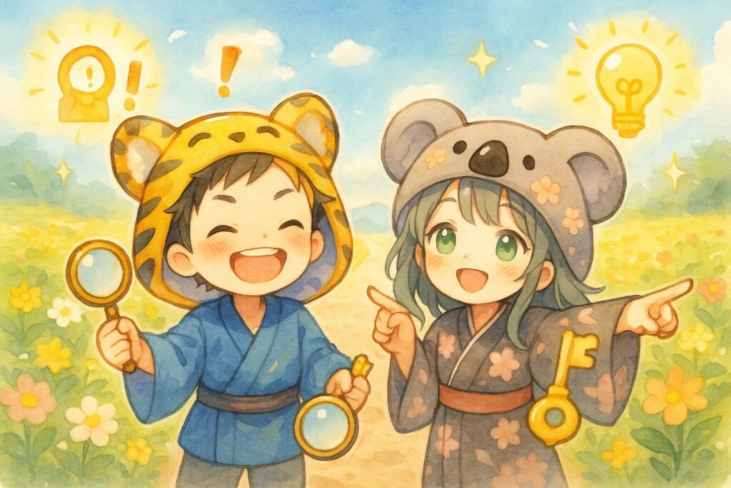 以前は分岐していた道が一つに繋がり、その先には明るく開けた未来が広がっている。大雅くんと心愛ちゃんが、それぞれの手に「虫眼鏡」と「小さなAIロボット(または光る鍵)」を持ち、協力してその道を指さしている。空には、画像2の「光る発見」や画像3の「光るアイデア」が星のように輝いている。全体的に希望に満ちた、達成感のある明るいイメージ。