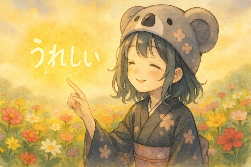 心愛が「うれしい」という光るタネにそっと触れると、彼女の周りにたくさんのカラフルな花が咲き乱れる。心愛は、とても幸せそうな笑顔。