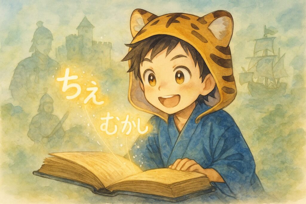 大雅が、古い本を開いている。本から「ちえ」や「むかし」といった光るタネが飛び出し、過去の偉人や出来事の幻影を映し出している。大雅は目を輝かせている。