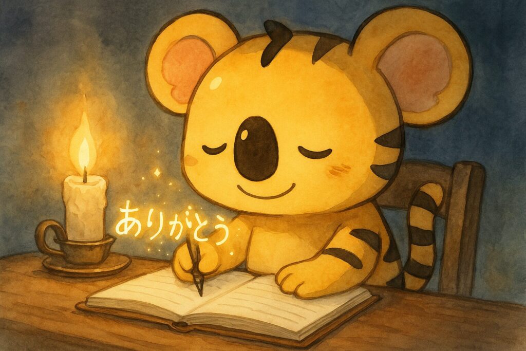 秋色が夜、日記帳に何かを書いている。彼が書いた「ありがとう」という文字のタネが、ページからふわりと浮かび上がり、温かい光を放っている。