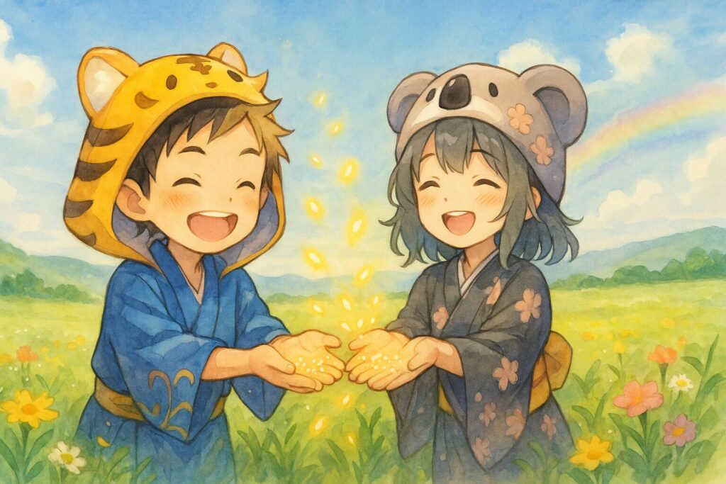 大雅と心愛が、かつて真っ白だった空間に立っている。今やそこは色鮮やかな世界に変わり、二人は笑顔で、自分たちの手で新しい光るタネを蒔いている。