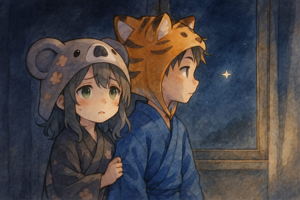 暗い部屋の窓際に立つ大雅と心愛。心愛は少し不安そうに大雅の服のすそを掴んでいる。窓の外には、夜空にたった一つだけ小さな星が光っている。