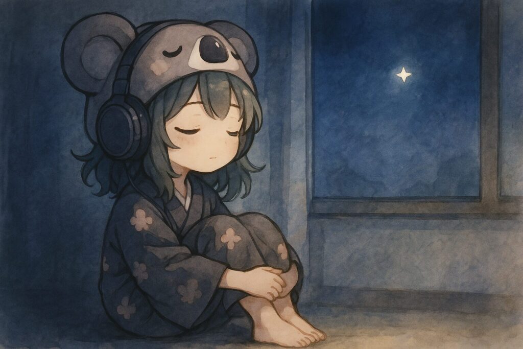 部屋の床に座り、目を閉じてヘッドフォンで音楽を聴いている心愛。表情はとても穏やか。窓の外の星が、さっきよりも少しだけ大きく、明るく見える。