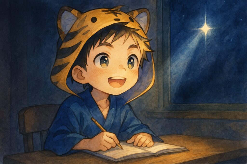 机に向かう大雅。暗い部屋の中、窓から差し込む星明かりがノートの上を照らしており、何かを思いついたように顔を上げている。
