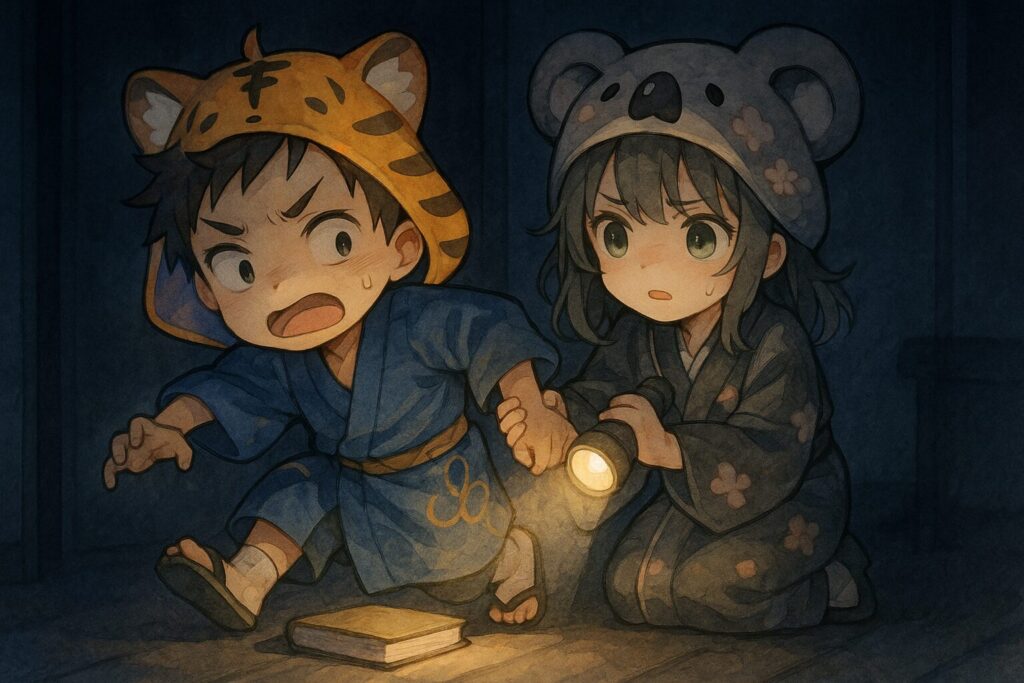 暗い部屋で、床に落ちている本につまずきそうになる大雅。その手を、懐中電灯を持った心愛が「危ないよ」というように掴んで支えている。