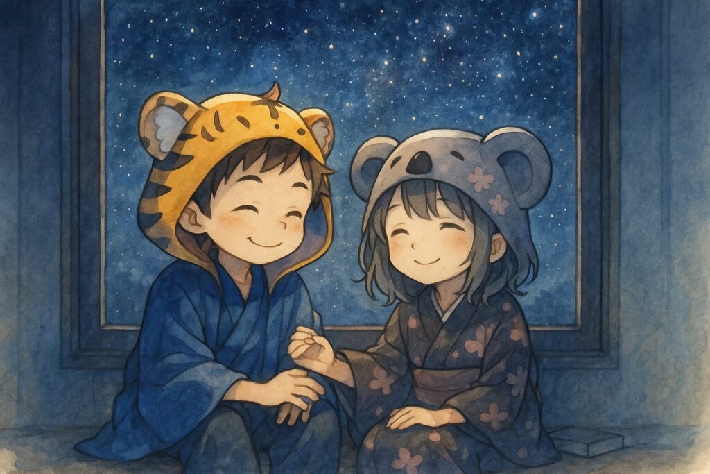 窓際に座り、二人で夜空を見上げる大雅と心愛。空には満天の星が輝いている。二人の表情はとても穏やかで、幸せそうに微笑んでいる。