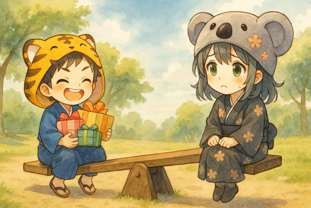 大きなシーソーが片方に傾いている。低い方にはたくさんのプレゼントを抱えた大雅（テイカー）が座り、高く持ち上げられた方には心細そうな心愛（ギバー）が乗っている。