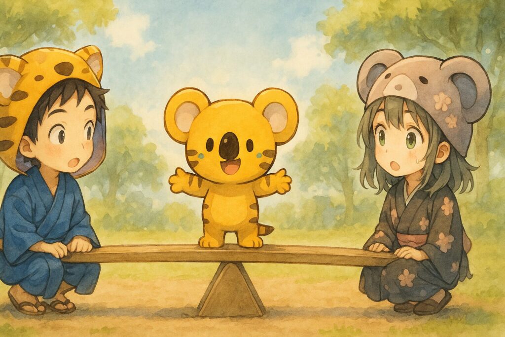 傾いていたシーソーの真ん中（支点）に、秋色がすっと立ち、両手でバランスを取っている。シーソーは水平になり、大雅と心愛は同じ高さで驚いている。