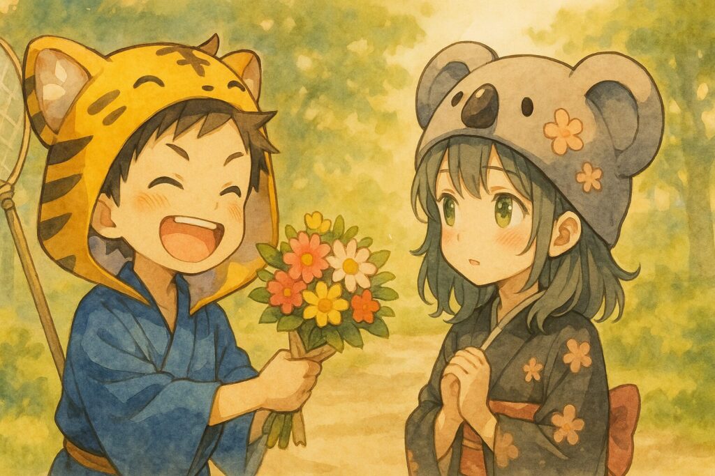 大雅が満面の笑みで心愛に花束を差し出している。しかし、その背中側には、心愛を捕まえようとする大きな虫取り網を隠し持っている。