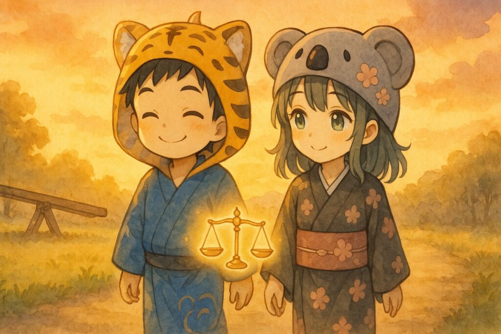 大雅と心愛がシーソーから降りて、並んで歩いている。二人の間には、ちょうど良いバランスが取れた天秤が浮かんでいる。二人とも穏やかで心地よさそうな笑顔。