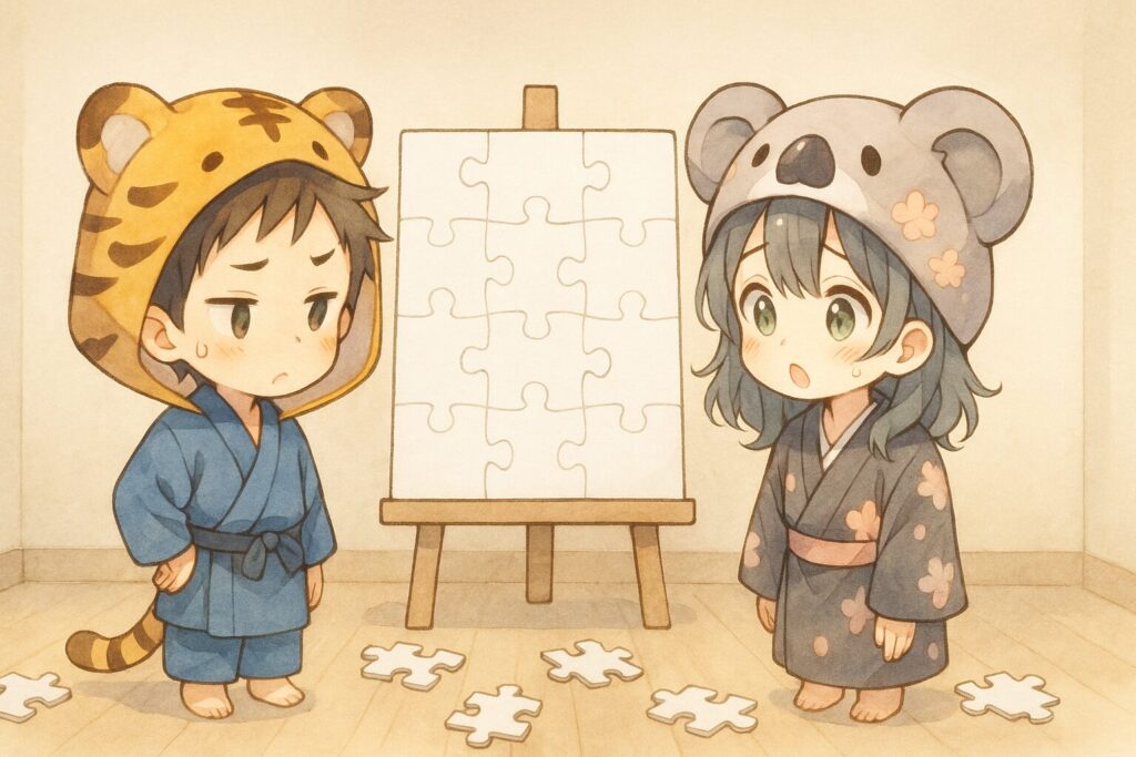 大きくてまだ真っ白なジグソーパズルの盤面を前に、大雅と心愛が「何これ?」という表情で首をかしげている。周りには色のついていないピースがいくつか散らばっている。