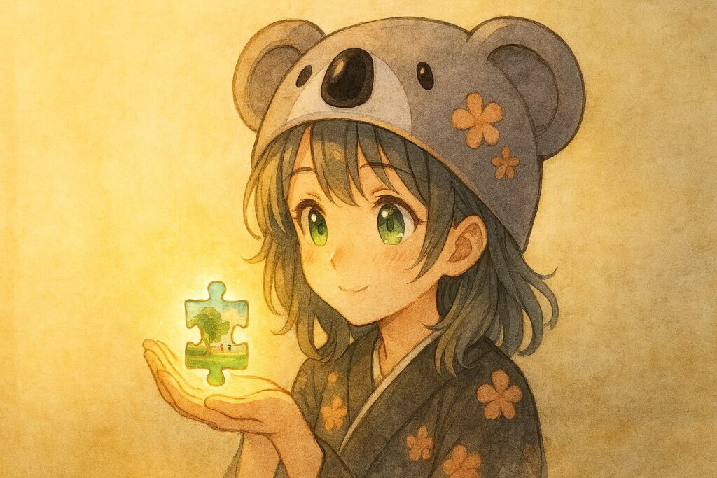 心愛が、自分の手のひらにある1つのパズルのピースをじっと見つめている。そのピースには、緑豊かな公園の絵が描かれており、ほんのり光っている。