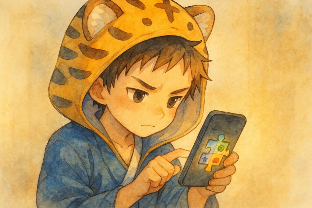 大雅がスマホ画面を見て、いくつかのカラフルなパズルピース(それぞれに違うマークや顔が描かれている)をスワイプして比較している。真剣な表情。