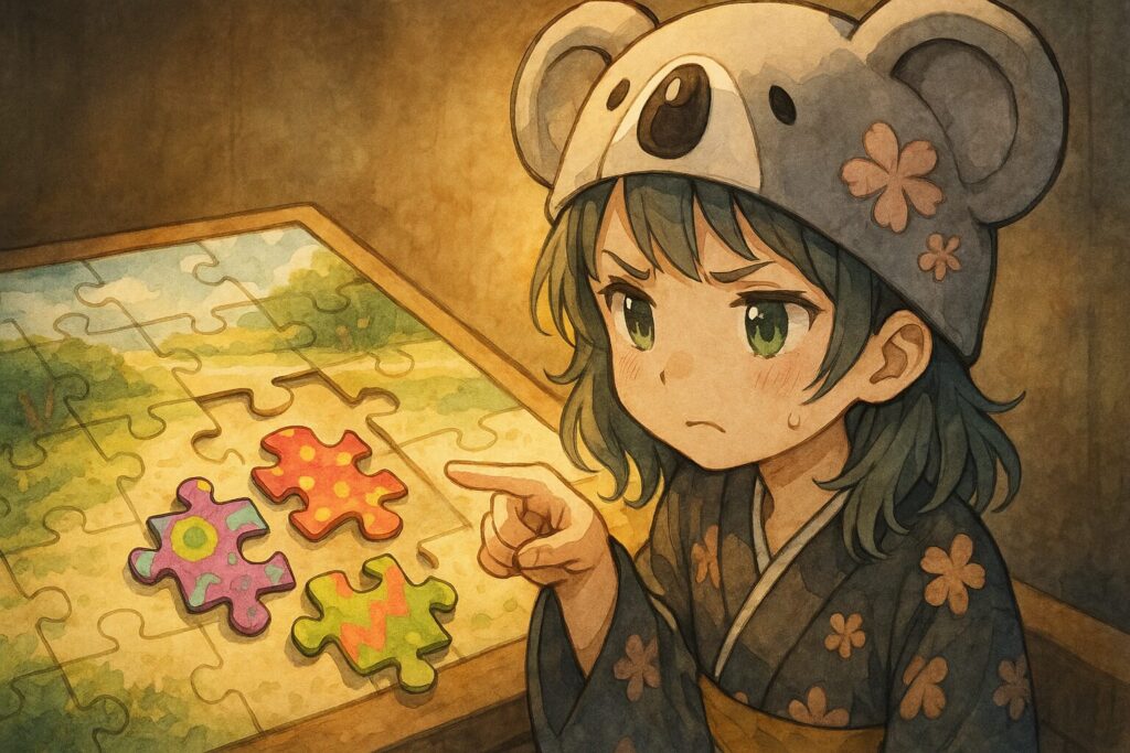 パズルの盤面に、形の歪んだピースや、色が毒々しいピースがいくつか置かれている。心愛が「あれ?」という表情で、そのピースを指さしている。