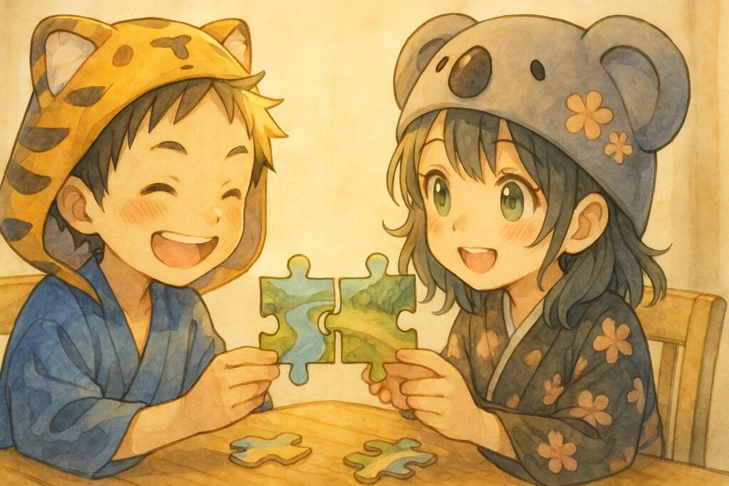 大雅と心愛が、それぞれ自分の持っているピースを見せ合いながら、楽しそうに話している。二人のピースを合わせると、一つの絵が完成しそうになっている。