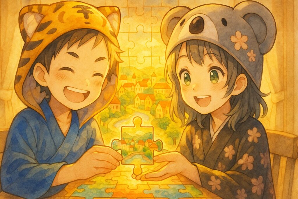色とりどりのピースで完成した、活気ある街のジグソーパズル。最後の1ピースを、大雅と心愛が一緒に笑顔で嵌め込んでいる。パズル全体が温かい光を放っている。