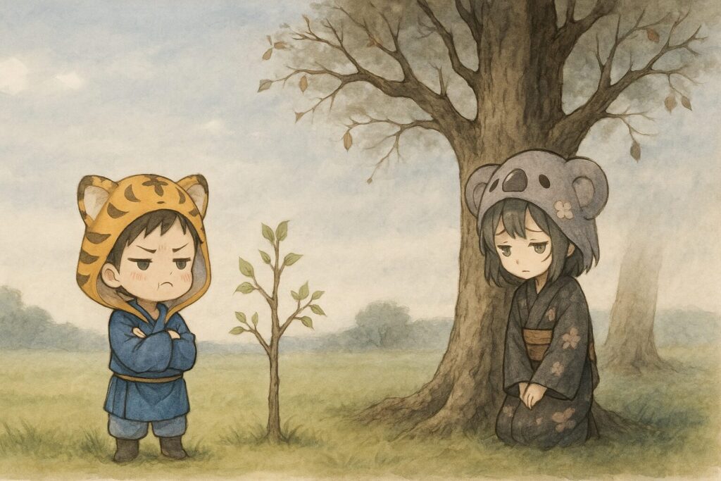 大雅が小さな若木の前で不満そうに頬を膨らませ、心愛が葉の少ない大きな古木に寄りかかり、寂しそうにしている。