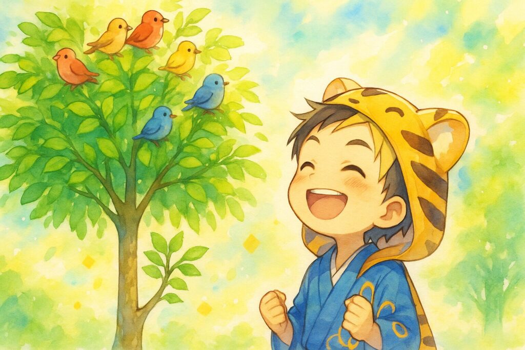 大雅の若木が、生命力あふれる青々とした葉を茂らせ、たくさんの小鳥たちが集まってきて楽しそうにさえずっている。大雅も嬉しそう。
