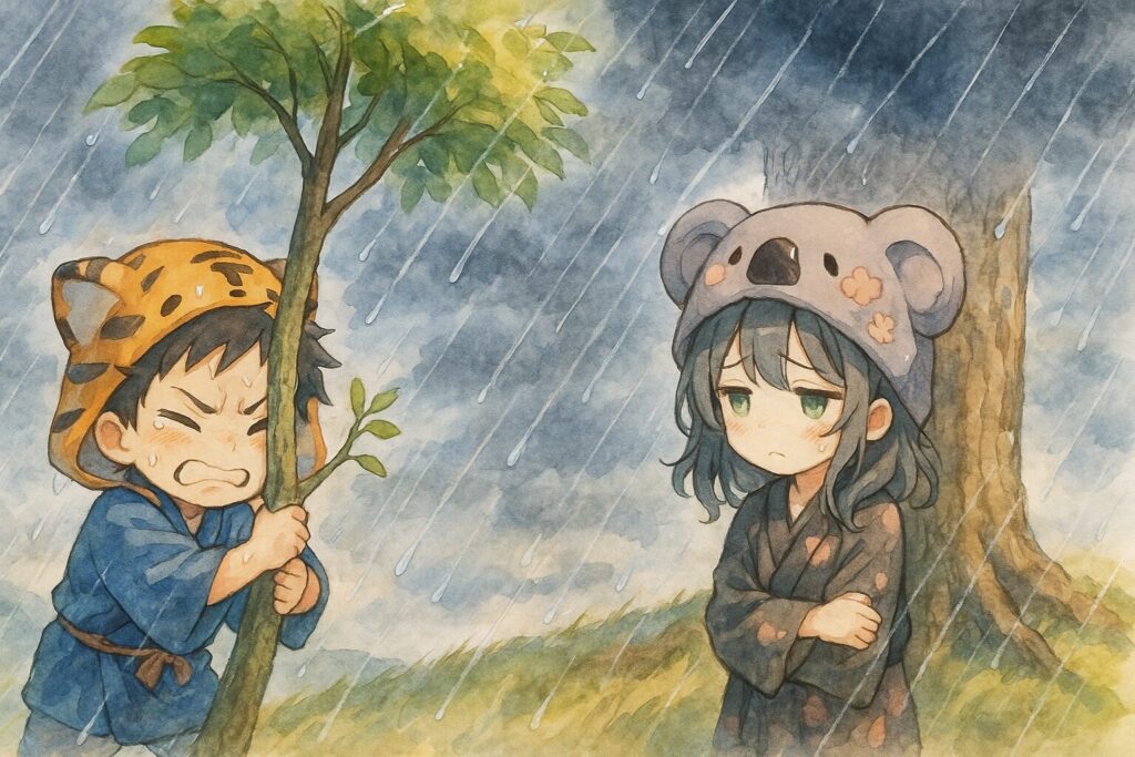 大雅の若木が、雨風に煽られて、細い幹がしなって頼りなげに揺れている。大雅が心配そうに幹を支えようとしている。