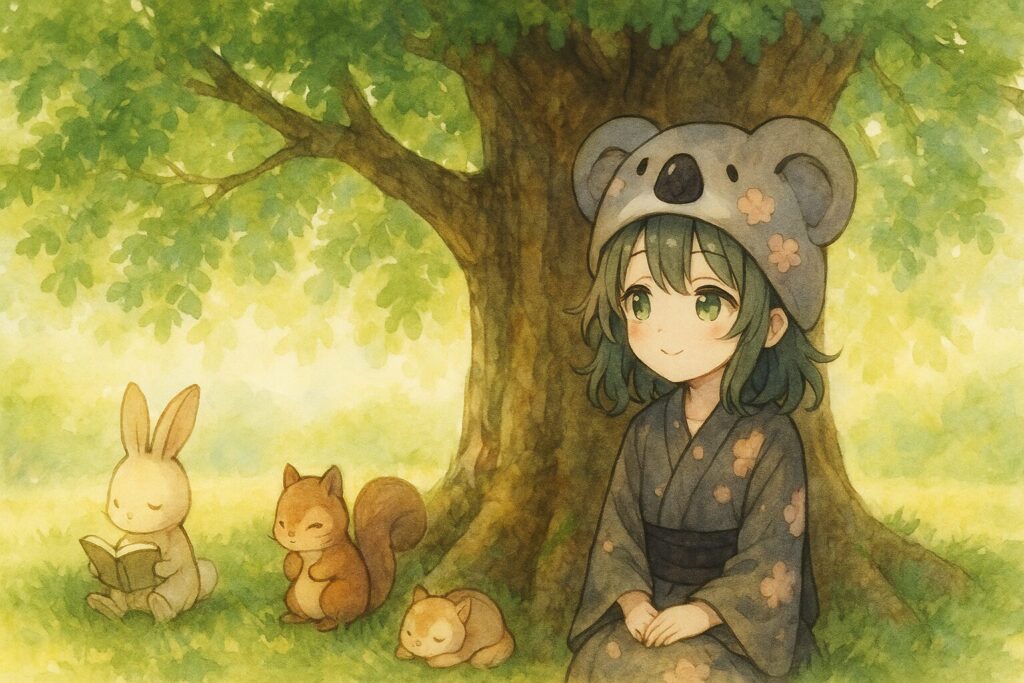 心愛の大きな木が、どっしりとした太い幹と深い緑の葉で、涼しい木陰を作っている。その下で、他のキャラクターたちが安心して本を読んだり、休んだりしている。