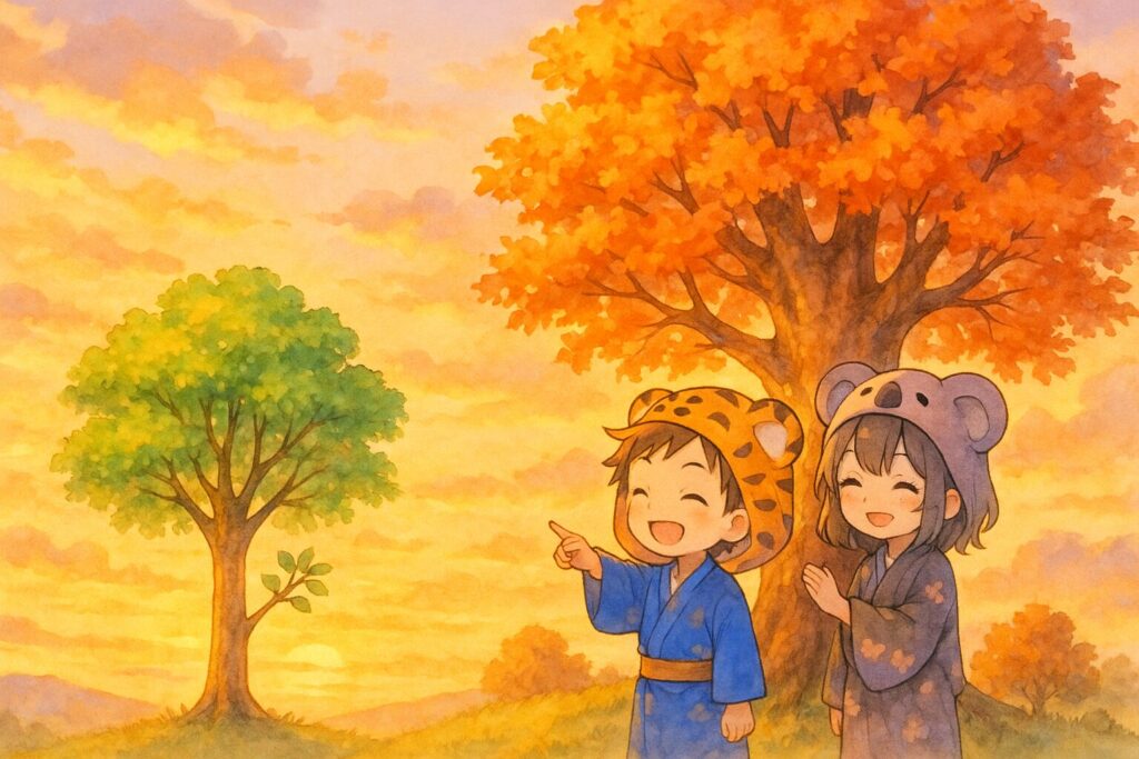 若々しい緑の葉を持つ大雅の木と、美しく紅葉した葉を持つ心愛の木が、隣同士で仲良く並んで立っている。二人はそれぞれの木の下で、お互いの木を「素敵だね」と笑顔で見つめ合っている。