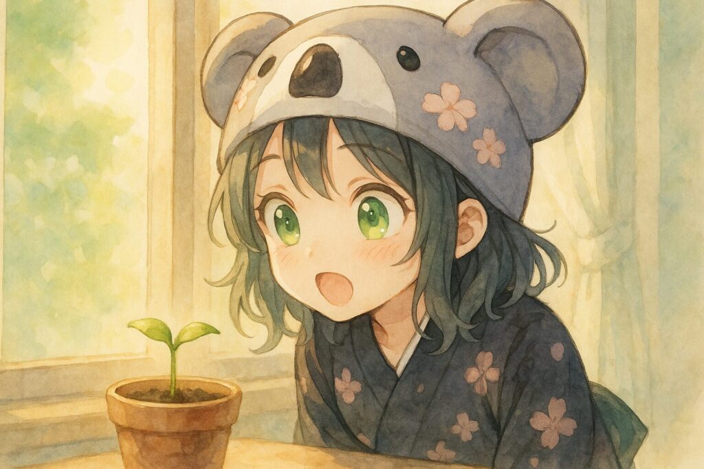 小さな植木鉢の中で、あのタネから可愛らしい双葉の芽がちょこんと顔を出している。それを見つけた心愛が「わっ！」と驚きと喜びの表情を浮かべている。