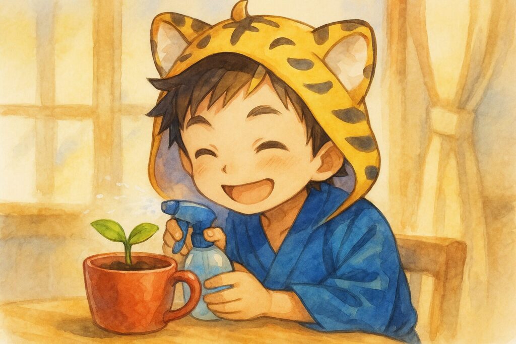大雅が、大きな畑ではなく、小さなマグカップを植木鉢がわりにして芽を育てている。楽しそうな表情で、霧吹きで水をあげている。