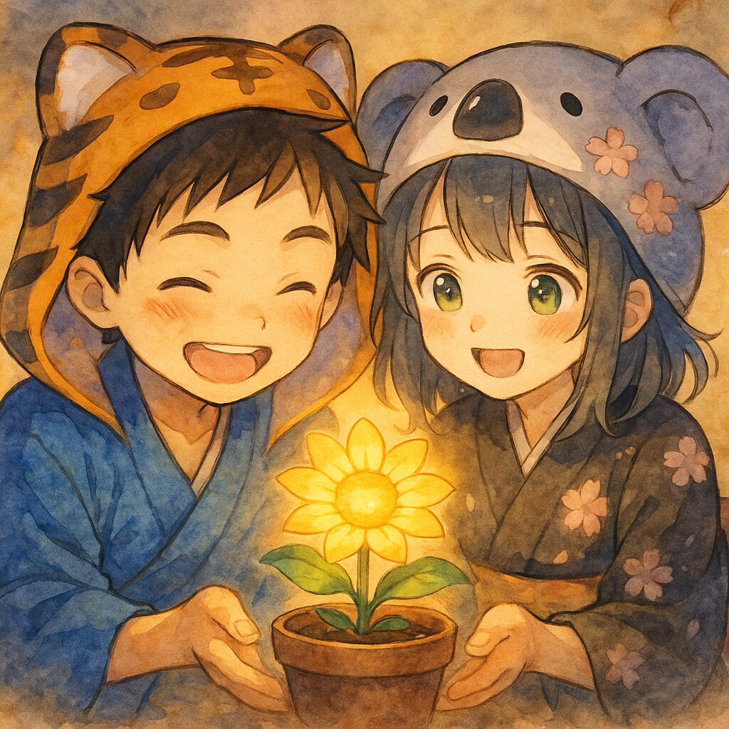 小さな植木鉢から、葉っぱが生き生きと茂り、真ん中に温かい光を放つ一輪の花が咲いている。大雅と心愛が、誇らしげな笑顔でその花を一緒に見つめている。