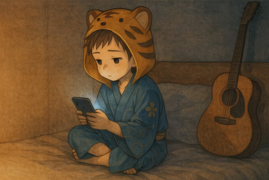 薄暗い部屋でベッドに座り、ぼんやりとスマホを眺める大雅。部屋の隅に立てかけられたギターが、彼の背後で静かにたたずんでいる。