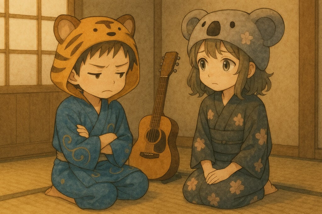 心配そうに大雅を見つめる心愛と、悔しそうに顔をそむける大雅。二人の間に、触れられずに置かれたギターがあることで、すれ違う感情を表現する。