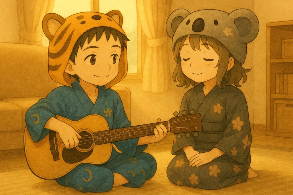 リビングで、大雅が弾いた一つの音を、心愛が隣で優しく微笑みながら聴いている。二人の間に流れる穏やかで温かい空気を描く。