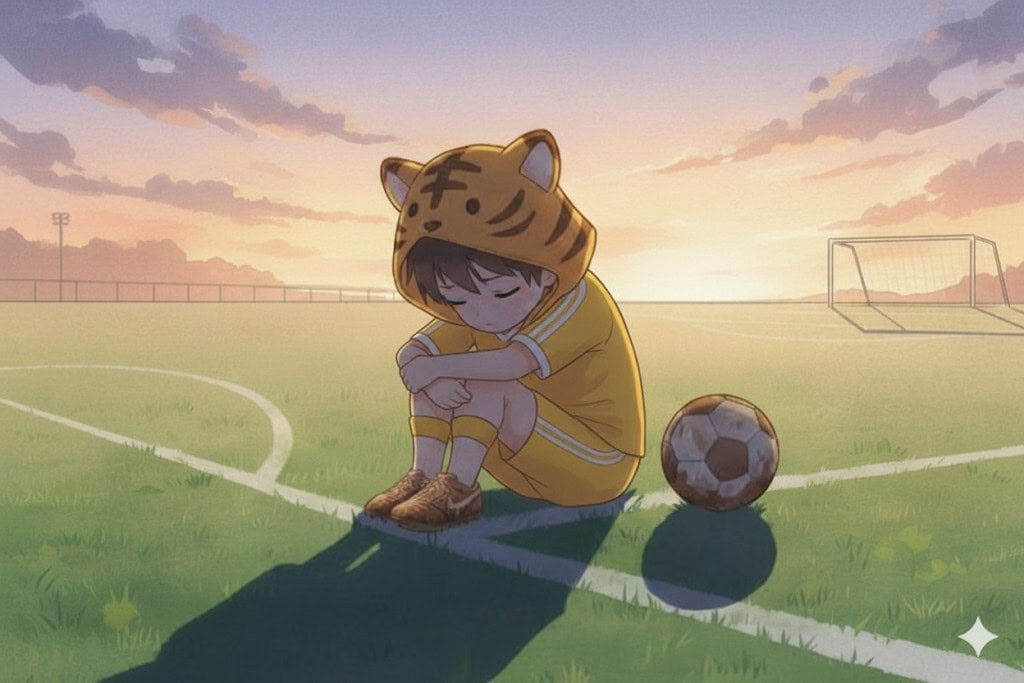 夕暮れのグラウンドの隅で、一人膝を抱えてうつむく大雅。長く伸びた影が、彼の孤独と悔しさを表現している。手には泥だらけのサッカーボールを置いている。