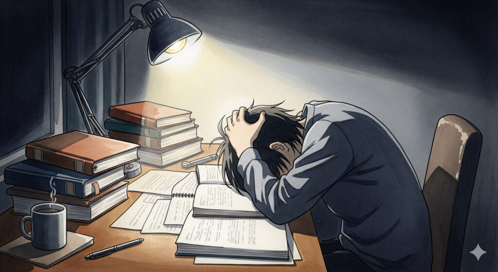 夜、机に向かい、参考書の山の中で頭を抱える人物のシルエット。デスクライトの光だけが、その孤独な戦いを照らしている。顔は見えないが、その背中が苦悩を物語っている。