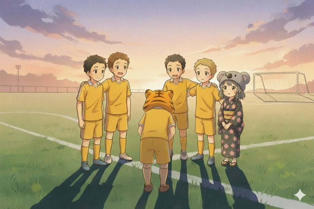 試合後、仲間たちの方を向き、深々と頭を下げる大雅の後ろ姿。仲間たちは、そんな彼を優しい眼差しで見守っている。遠くから心愛も微笑みながら見つめている。