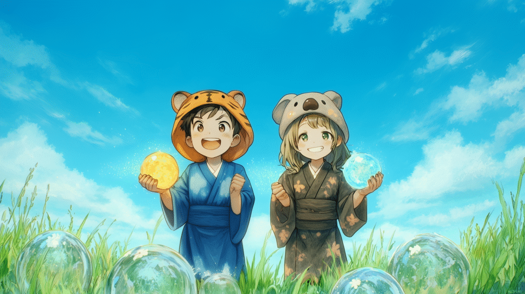 晴れやかな青空の下、大雅と心愛がそれぞれ一つの輝くボールを手に持ち、晴れやかな表情で前を向いて並んでいる。足元には他のボールが転がっているが、もう気にしていない様子。