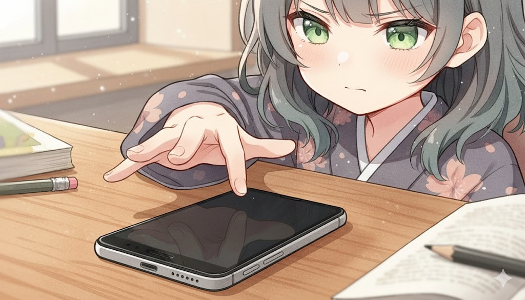 机の上に置かれた、画面が真っ暗になったスマホを、心愛が少し不安そうな、でも決意を秘めたような表情で見つめている手元のアップ。