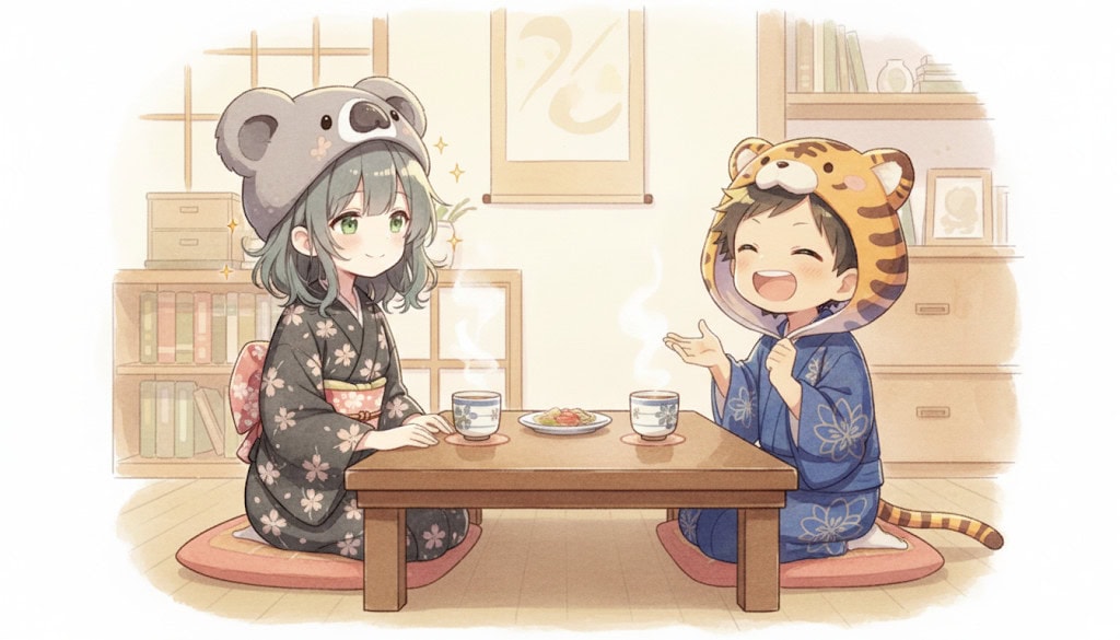リビングで、大雅と楽しそうに笑いながら話している心愛。テーブルの上にはお茶が置かれ、スマホは見当たらない。温かい雰囲気。