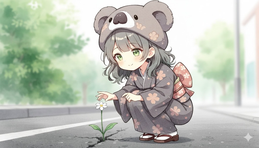 しゃがみ込んで、道端に咲く一輪の白い花を愛おしそうに見つめる心愛の手元。背景は少しぼかし、花に焦点が合っている。