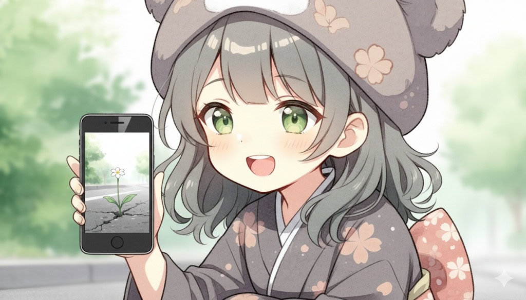 心愛が晴れやかな笑顔でスマホの画面を見せている。待ち受け画面は、自分で撮影した道端の小さな白い花の写真になっている。