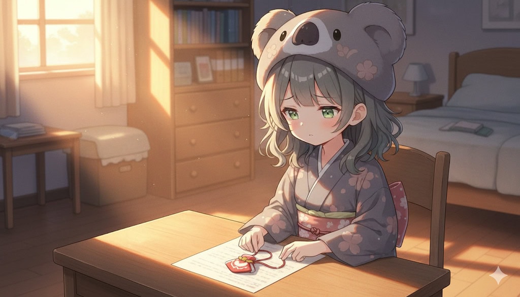 部屋で一人、作りかけのお守りを前に浮かない顔でため息をつく心愛。その表情には、理由の分からない焦りと苦悩が浮かんでいる。