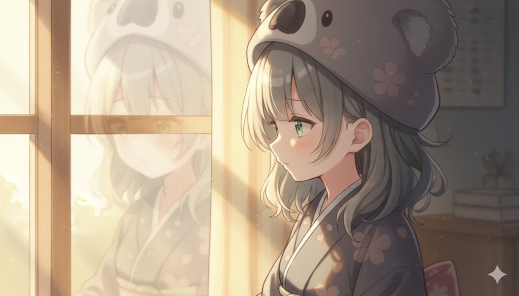 窓の外を見つめながら、何かを必死に思い出そうとしている心愛の真剣な横顔。記憶に霧がかかっているような、少しぼやけた演出。