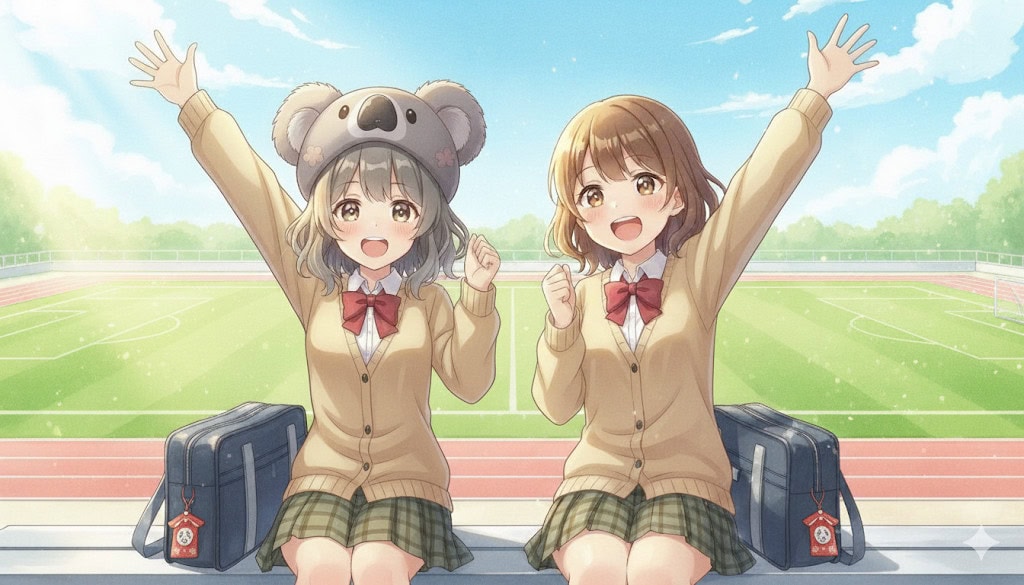 大会の応援席で、お揃いのお守りをカバンにつけて、笑顔で並んで声援を送る心愛とひかり。二人の表情は、以前とは比べ物にならないほど晴れやか。