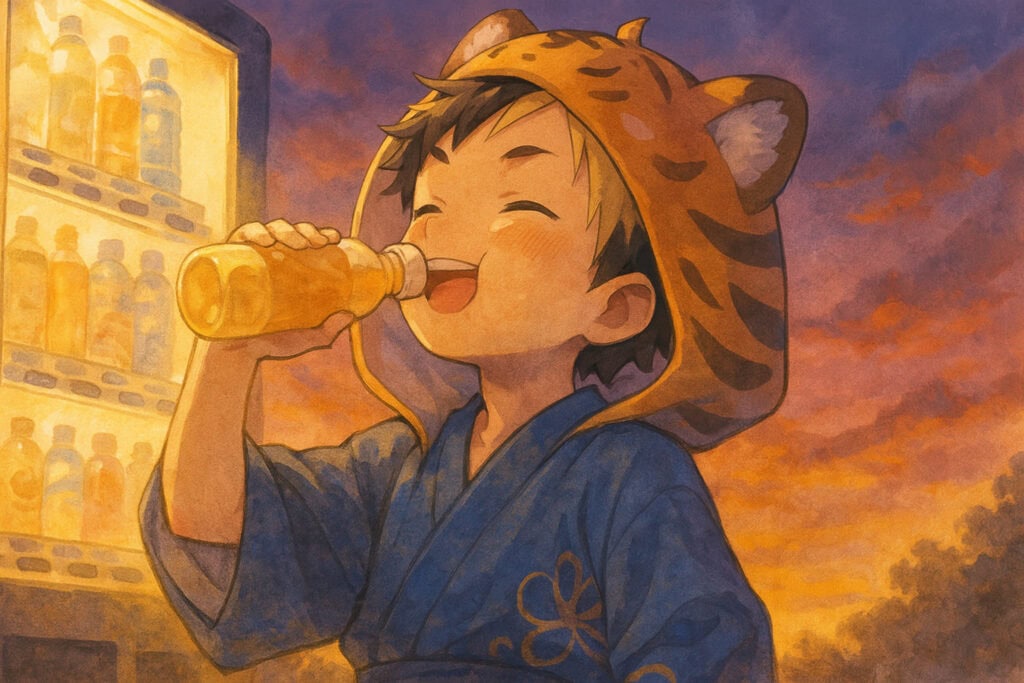 部活帰りの夕暮れ時、大雅が自販機の前でペットボトルのジュースをおいしそうに飲んでいる。その表情は達成感と潤いに満ちている。
