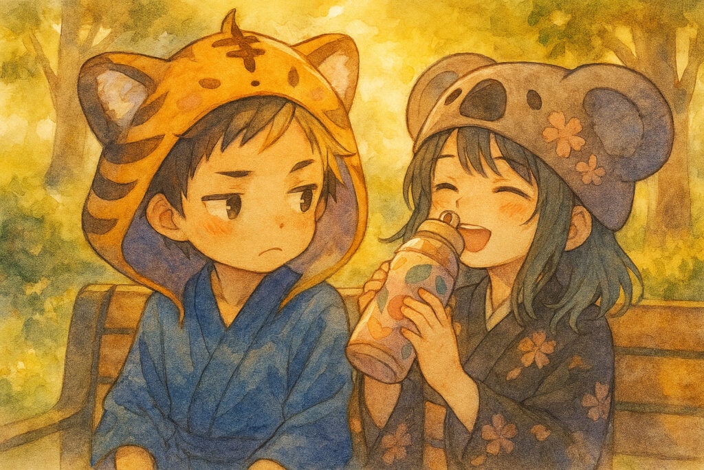 公園のベンチで、心愛がかわいらしいデザインのマイボトルからお茶を飲んでいる。その横で大雅が少し羨ましそうに眺めている。