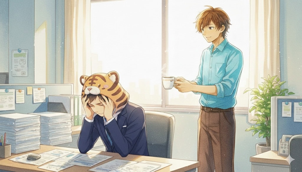 オフィスで頭を抱える大雅に、先輩の奏がコーヒーを差し出し、優しい笑顔を向けている。窓からの光が奏を柔らかく照らしている。