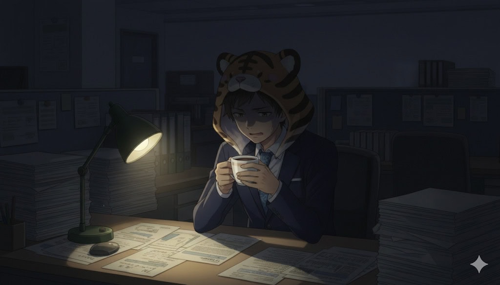 誰もいない夜のオフィスで、奏からもらったコーヒーカップを手に、一人考え込む大雅。カップに映る自分の顔が不安げに歪んで見える。