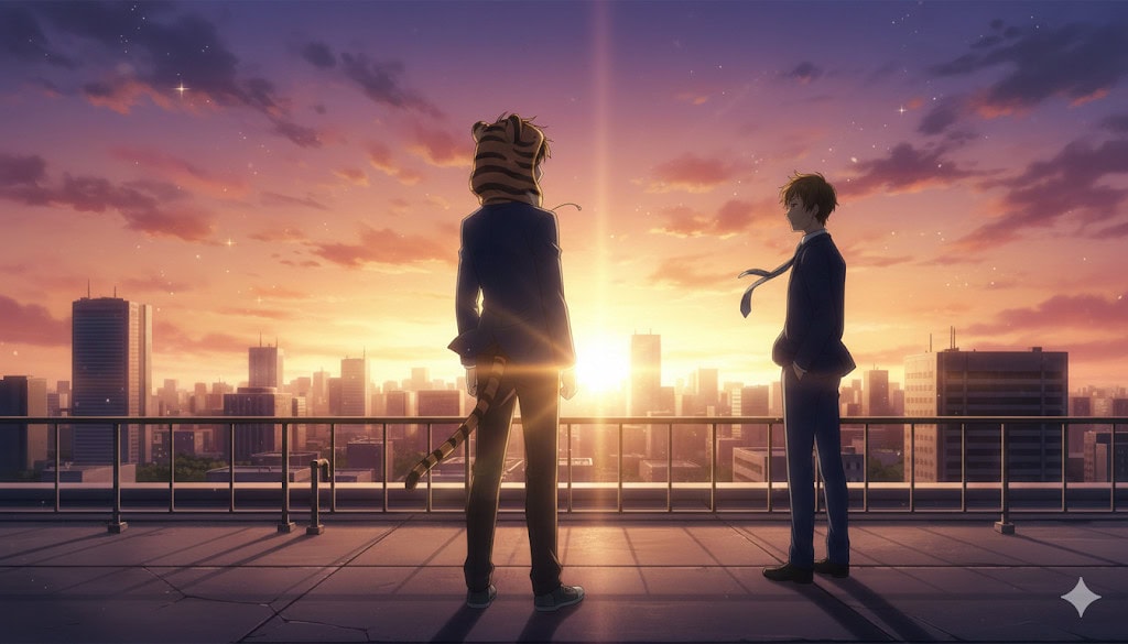 ビルの屋上で、奏に向き合う大雅。逆光の中、彼の表情は影になっているが、その立ち姿は一本芯が通っており、揺るぎない決意を感じさせる。