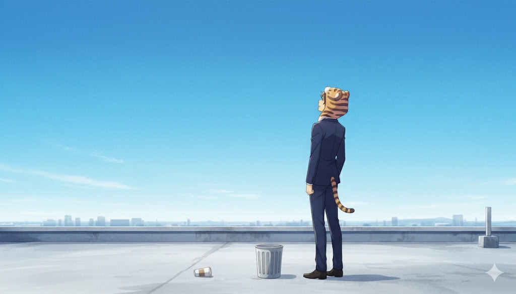 がらんとした屋上に一人残された大雅。その足元に置かれたゴミ箱に、奏からもらったコーヒーカップが静かに捨てられている。澄み渡る青空が広がる。